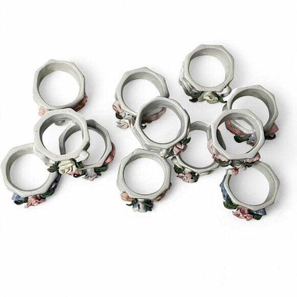 VTG Napkin Ring Set of 12 3D Flower Ribbon Pastel/Spring  Porcelain Hand Painted - Picture 2 of 4